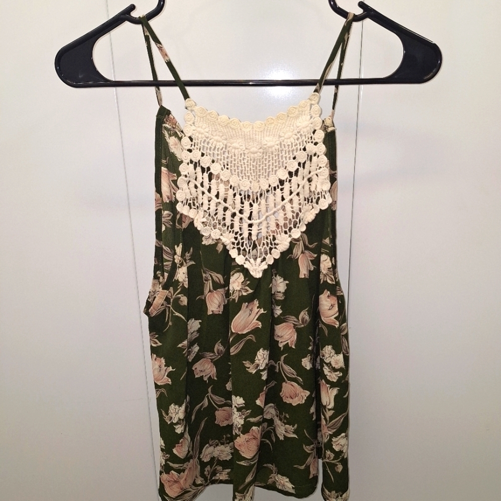 Green Cream Floral Spaghetti Strap Top Medium